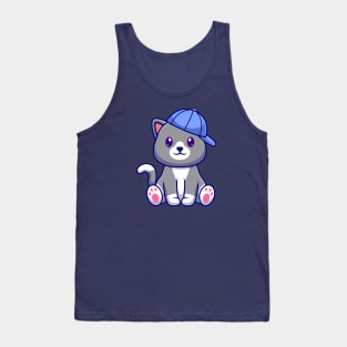 Cute Cat Sitting With Hat Cartoon Tank Top